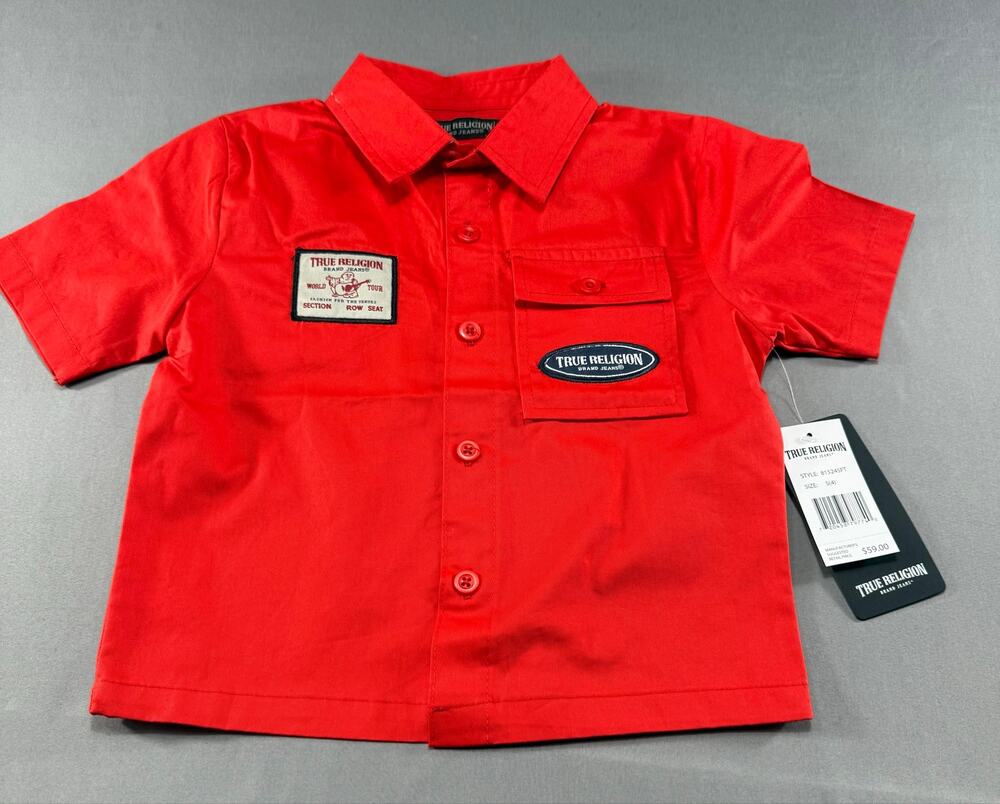 True Religion kids Boys Size 4 Red Button Up Shirt Logo Patch NWT MSRP $59